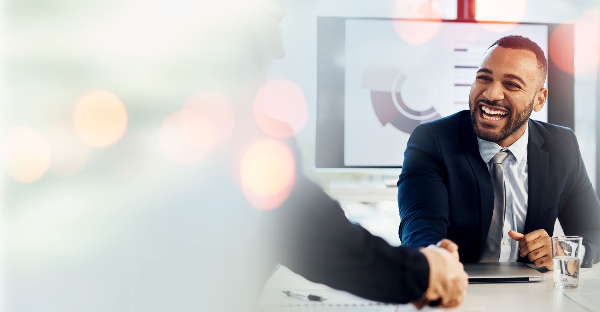 Business man, handshake and meeting, introduction or welcome for accounting, data analytics and clients deal. Financial advisor and people shaking hands in partnership, thank you or agreement mockup